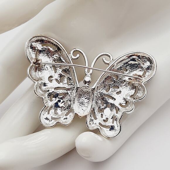 Vintage Silver Tone Clear Rhinestone Butterfly Brooch Pin - 2 1/8 Inches - Picture 4 of 10